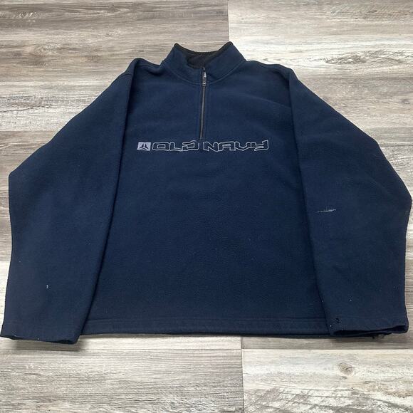Vintage Old Navy Blue Men 2XL Spellout 1/4 Zip Mock Neck Fleece Pullover Sweater - Picture 2 of 8